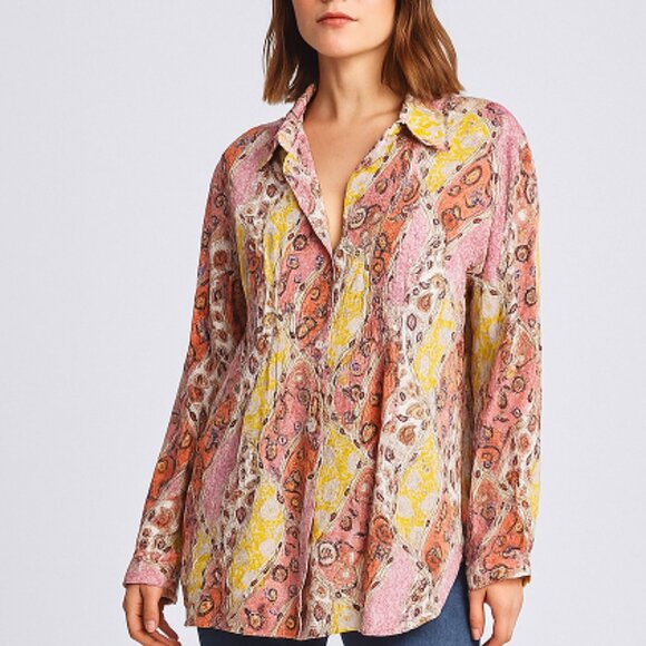 Jane and Delancey Women's Pink Yellow Paisley Button Down Shirt Size Large - Picture 1 of 8